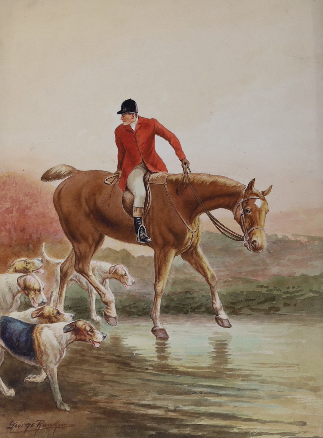 George Rankin (1864-1937), six watercolours on card, hunting scenes, signed, unframed, largest 27 x 37cm